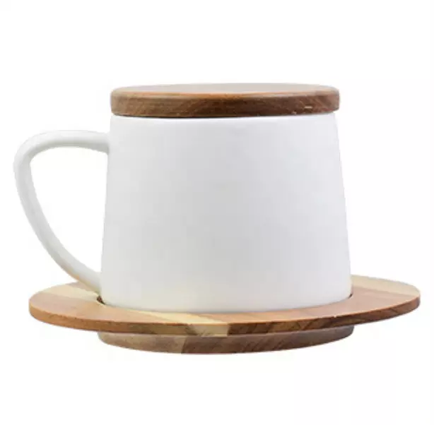 Ceramic Mug with Wooden Lid, Stirrer & Saucer – MMEP.